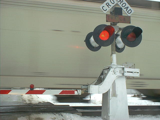 Railroad crossing arm in Byron, Illinois.